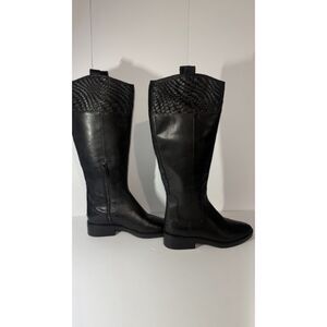 Cole Haan Woven-Accent Black Leather Tall Boots for Women size 8